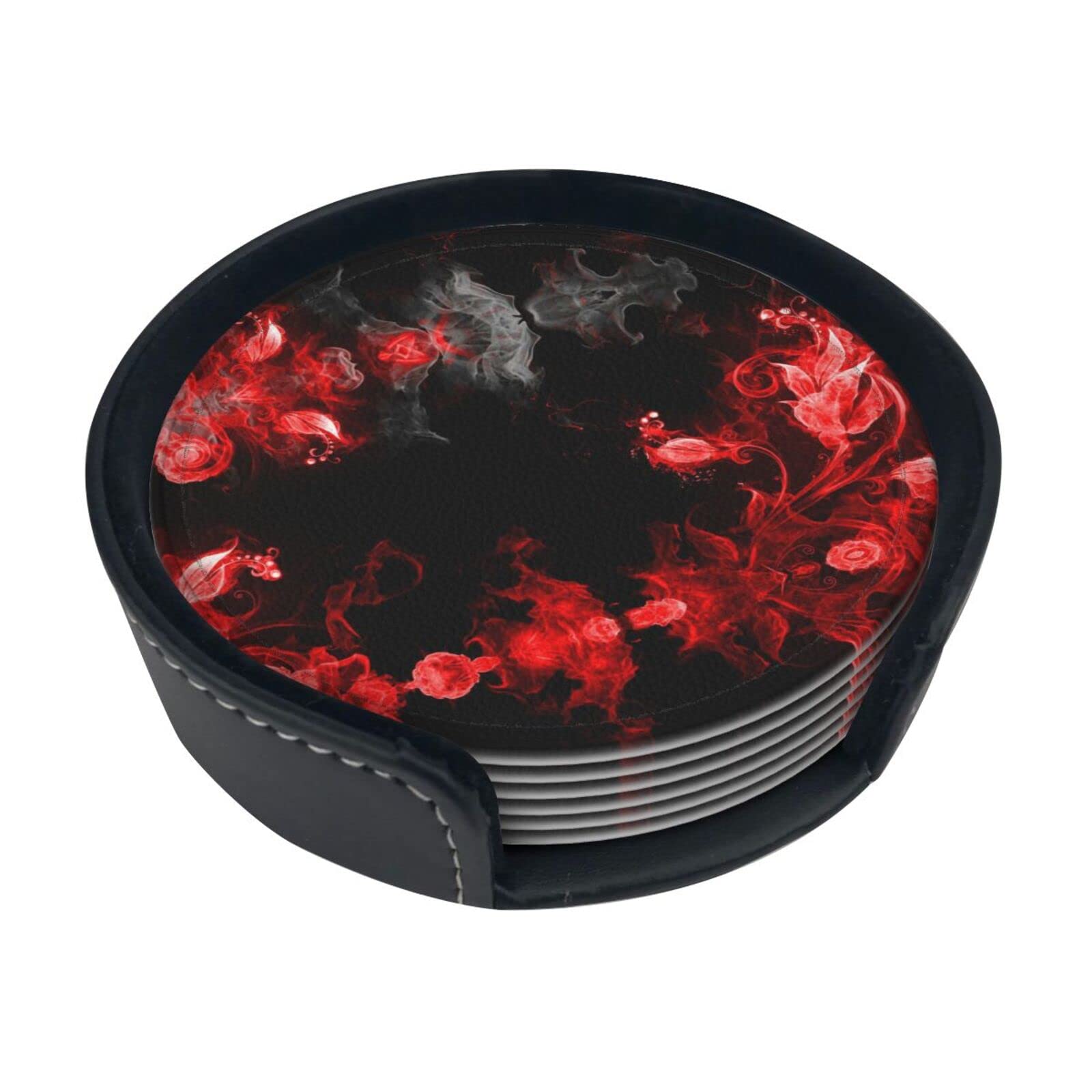 Coasters Set Of 6 Red Black White Abstract Print Leather Coasters For Drinks,Home Décor And Housewarming Gift