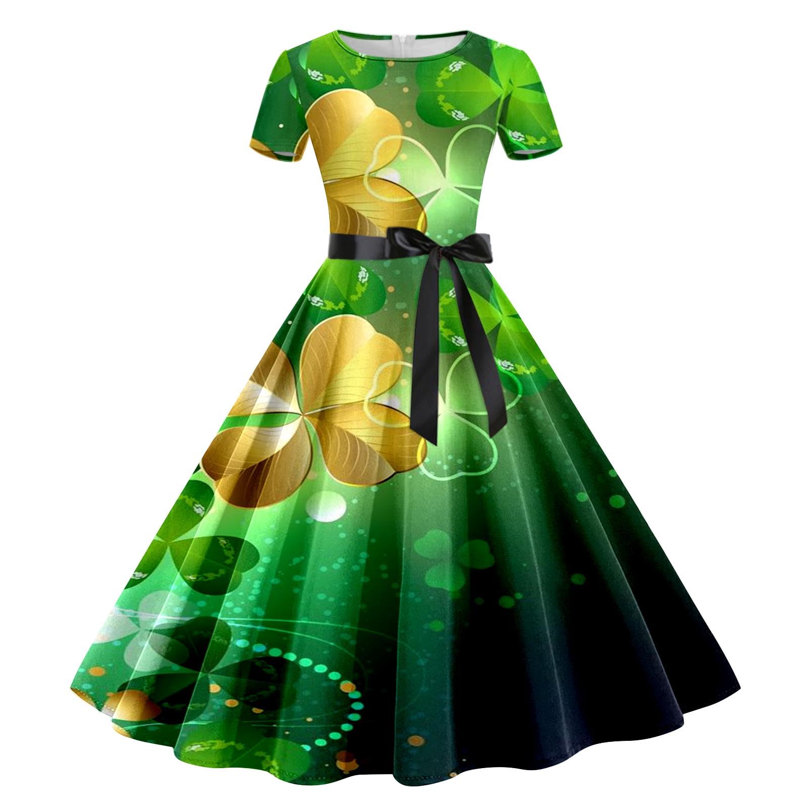 Womens St Patricks Day Fancy Dress Leprechaun Costumes Ireland Irish Shamrock Print Dress Saint Patricks Day Green Irish Outfits Gown Cocktail Green Sleeveless Paddy's Fancy Dres Party — image 1