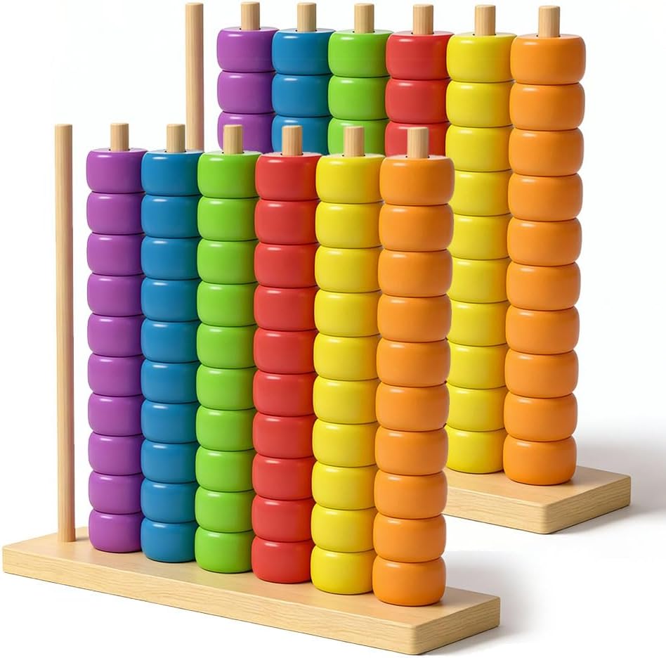 Color Matching Stacking Puzzle Game, Wooden Color Match Challenge Game Fast Color Stack Challenge Ring Stack Puzzle with Rings and Racks, Tabletop Brain Teaser for Friend Family Friendly Fun (2pcs)