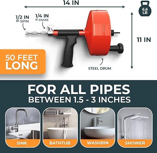 Miniatura 5 de Serpiente de drenaje 2.0 50 pies - con accesorio de taladro - Serpiente de plomería ideal para desbloquear fregadero y drenaje - Sinfín de drenaje