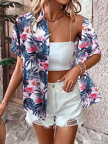 Image of ASTANFY Hawaiian Shirt Women Hawaii T-Shirt Tropical Floral Printed V Neck Shirts Soft Cool Summer Beach Button Up Blouse