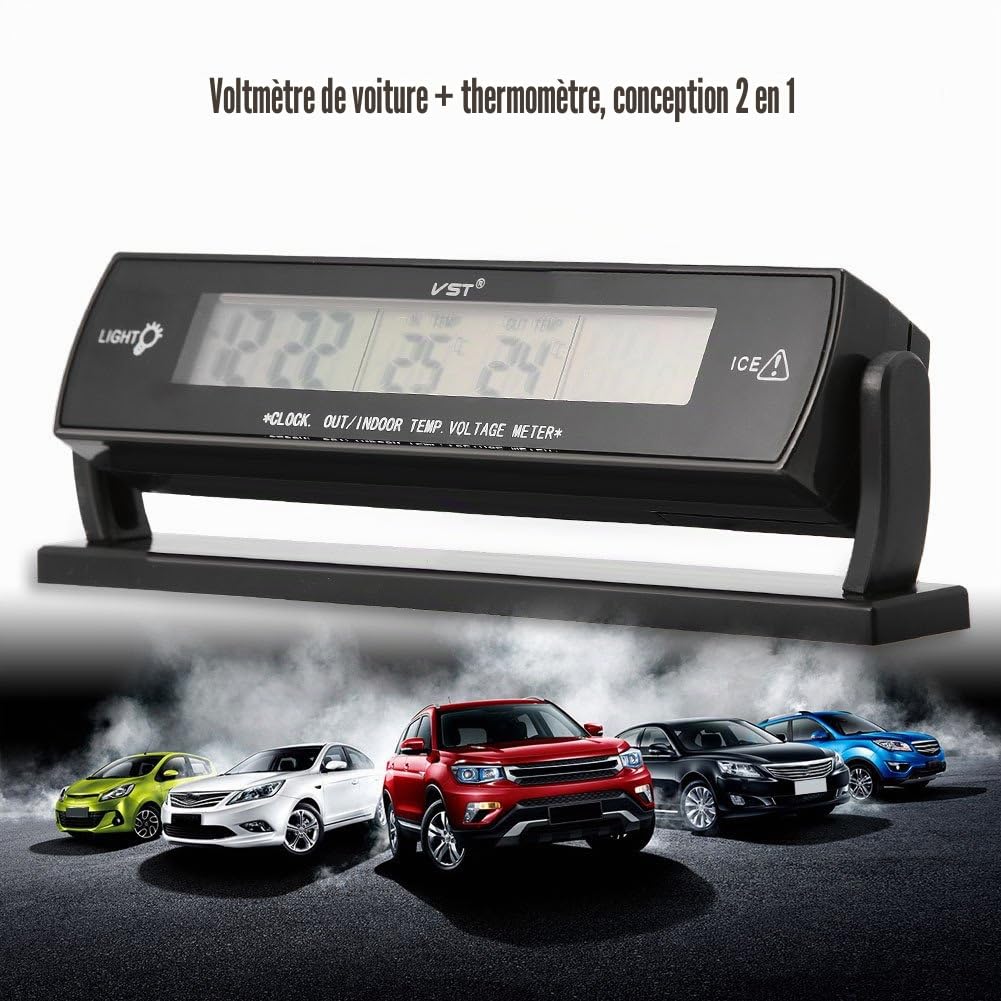 VBESTLIFE Multifonction Numérique Voiture Auto Tension Alarme Horloge avec Température Intérieure/Extérieure Thermomètre Affichage LCD Batterie Tension Moniteur Détecteur De Compteur