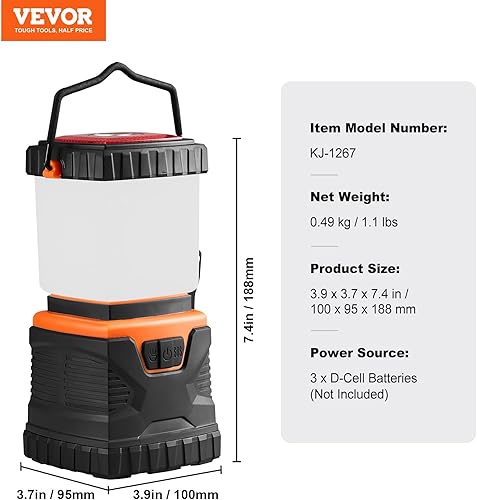 Miniatura 7 de VEVOR Linterna LED para campamento, todo en uno, 1000 lm, iluminación de 360, 4 modos de iluminación, luz alimentada por batería, linterna robusta