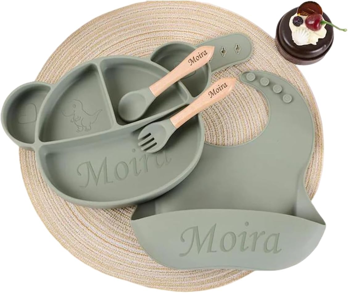 Personalized Silicone Baby Weaning Set,Custom Silicone Weaning Set with Engraved Name,Feeding Bib for Toddler Baby Kids (Green)