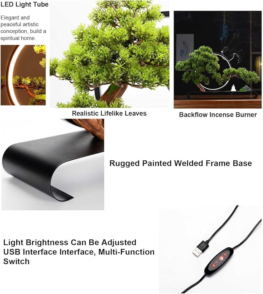 Albero Artificiale Con Anello Lampada, Pino Finto Di Benvenuto In Vaso Con Incenso Di Riflusso, Pianta In Vaso Di Pino Di Simulazione Zen, Pianta Verde Bonsai Di Simulazione Realistica Per Casa Uffici