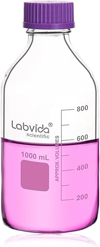 1 unidad de botellas redondas de almacenamiento de medios de 33.8 fl oz, con tapa de rosca GL45 en morado, 3.3 botellas de reactivo de borosilicato