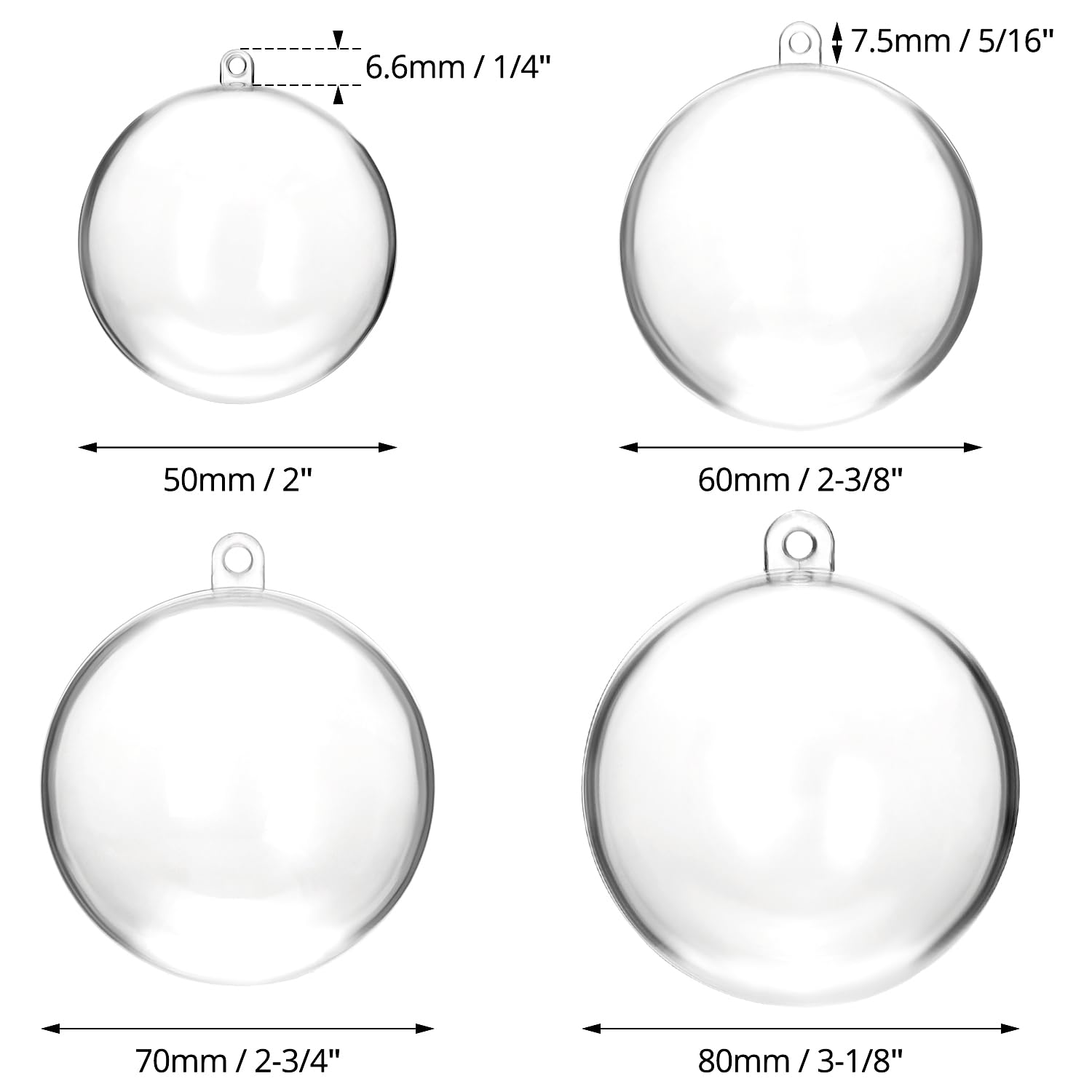 FaJoek Transparante ballen om te openen, 20 stuks transparante kerstballen van kunststof, kerstballen om te vullen, decoratie 5, 6, 7 en 8 cm