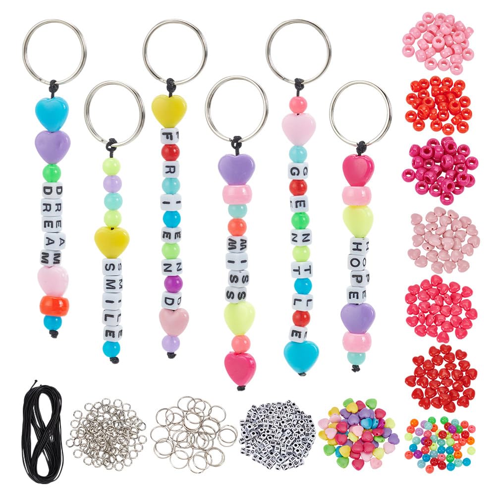 arricraft 610 Pcs Beaded Keychain Making Kit, Including Red Heart & Round Acrylic Seed Beads, Key Rings and Polyester Cord for Halloween Gifts Christmas DIY Making Keyring Valentine's Day Jewelry