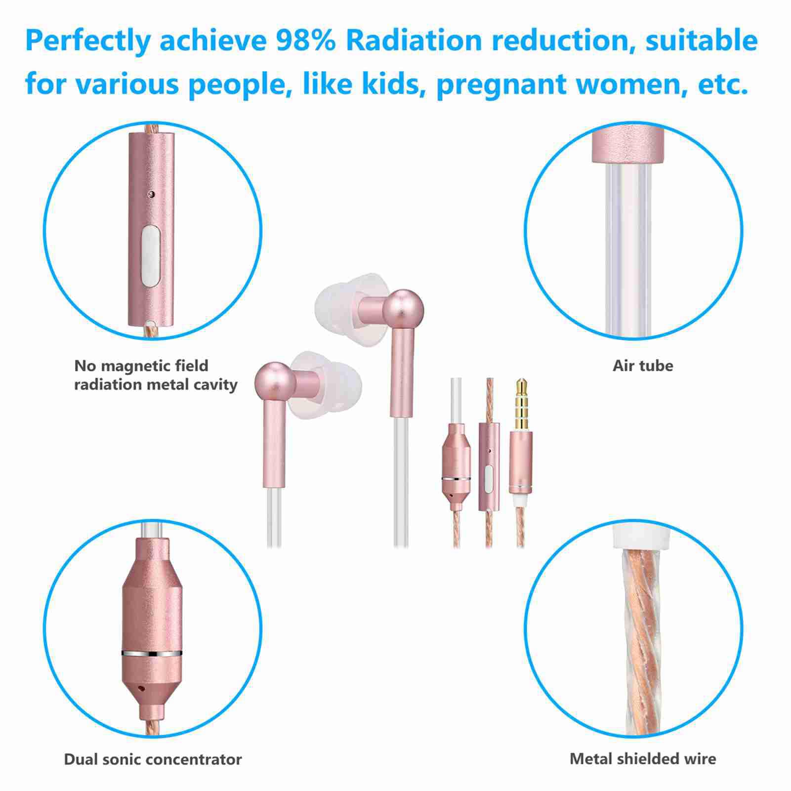 Cuffie Stereo con Riduzione del Rumore Cuffie Intrauricolari con Tubo 'aria Senza Radiazioni Microfono per Smartphone Lunghezza Cavo 140 Cm Auricolari Dorati (Oro)