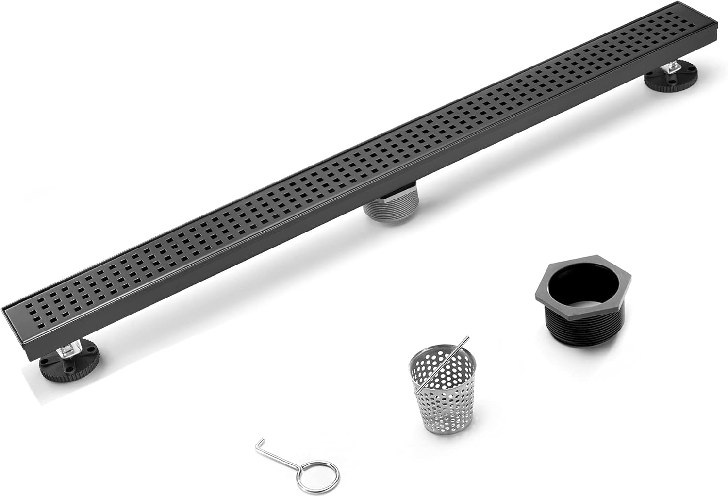 HEATGENE Linear Shower Drain 36-Inch, Stainless Steel Rectangle Shower Floor Drain with Removable Quadrato Pattern Grate, Shower Drain with Hair Strainer, Matte Black