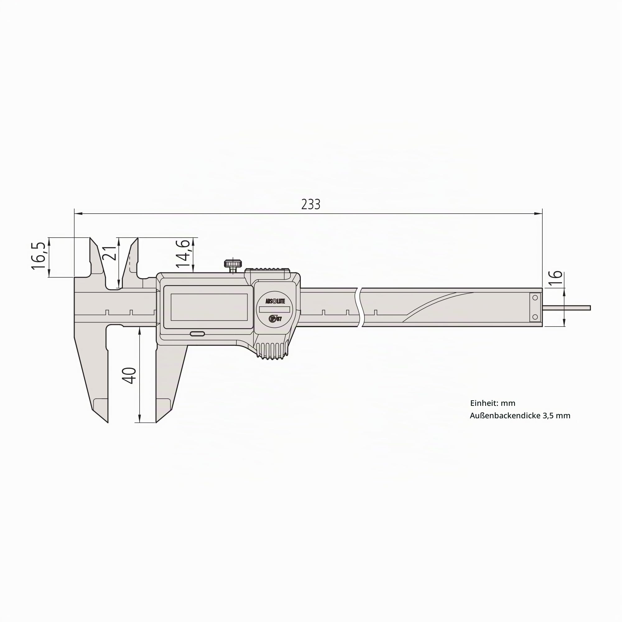 Digital ABS Messschieber CoolantProof IP67, 0-150 mm, runde Tiefenmessstange | 0,01 mm, Nullpunkt gespeichert, rundes Tiefenmaß, IP67