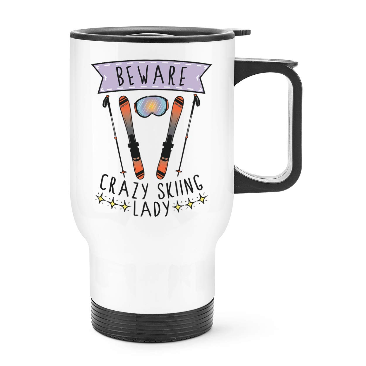 Beware Crazy Skiing Lady Travel Mug Cup with Handle
