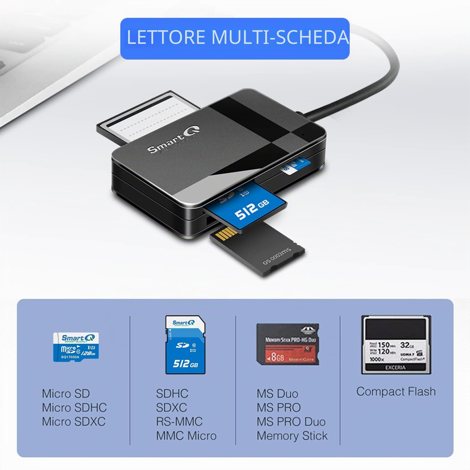 Smartq C368 USB 3.0 multi-card Reader, Plug N Play, Apple e compatibile con Windows, alimentato tramite USB, supporta CF/SD/SDHC/Scxc/MMC/MMC micro, ecc.