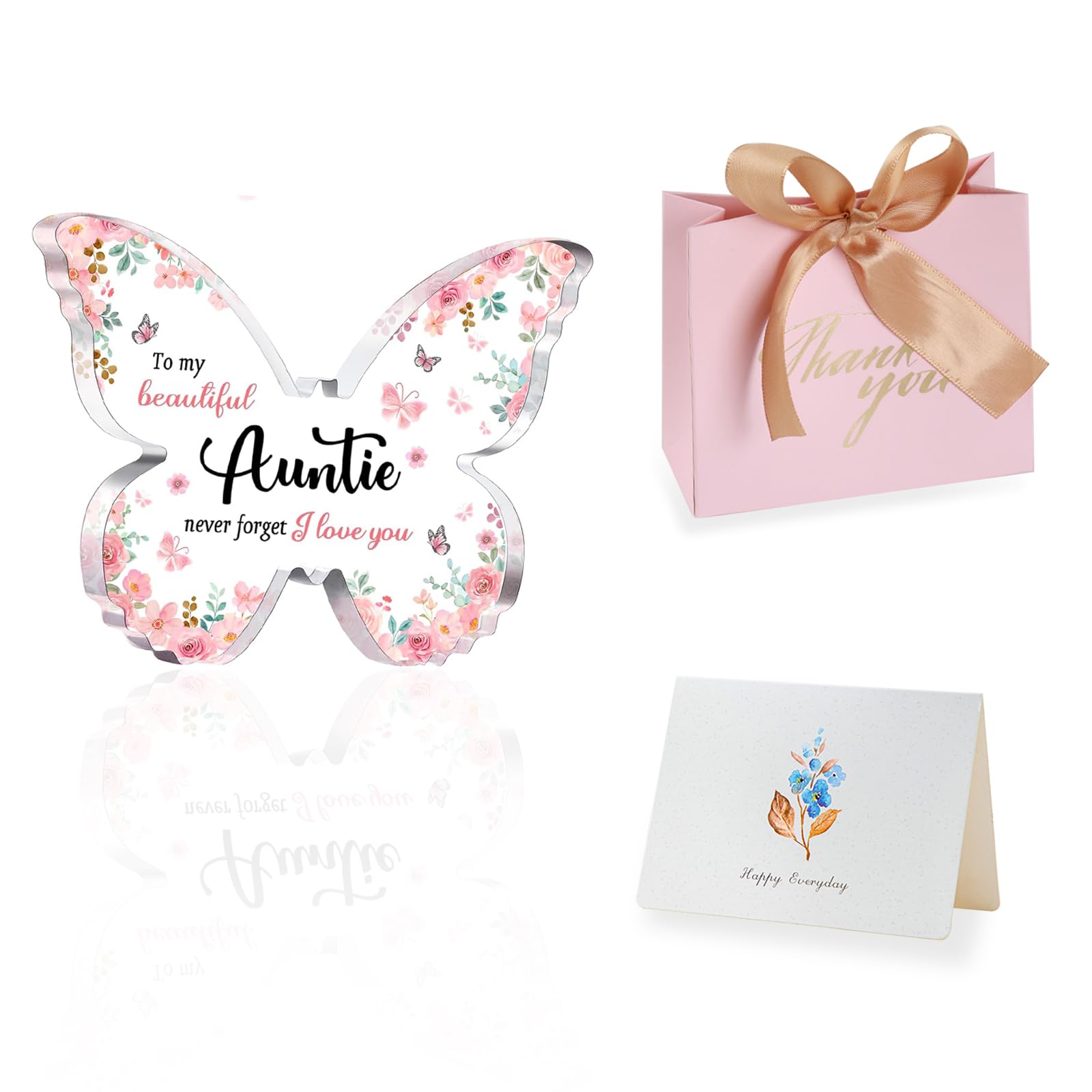 Qyrdbgy Women's Pink Auntie Gifts, Butterfly Acrylic Plaque Auntie Birthday Gifts From Nephew Niece With Greeting Cards Gift Bags Best Aunty Gifts Leaving Gift For