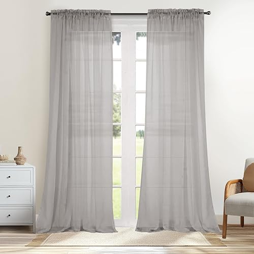 Dreaming Casa - Cortinas traslúcidas de un solo color de 84 pulgadas de largo con bolsillo para barra, cortinas de gasa gris para dormitorio y sala