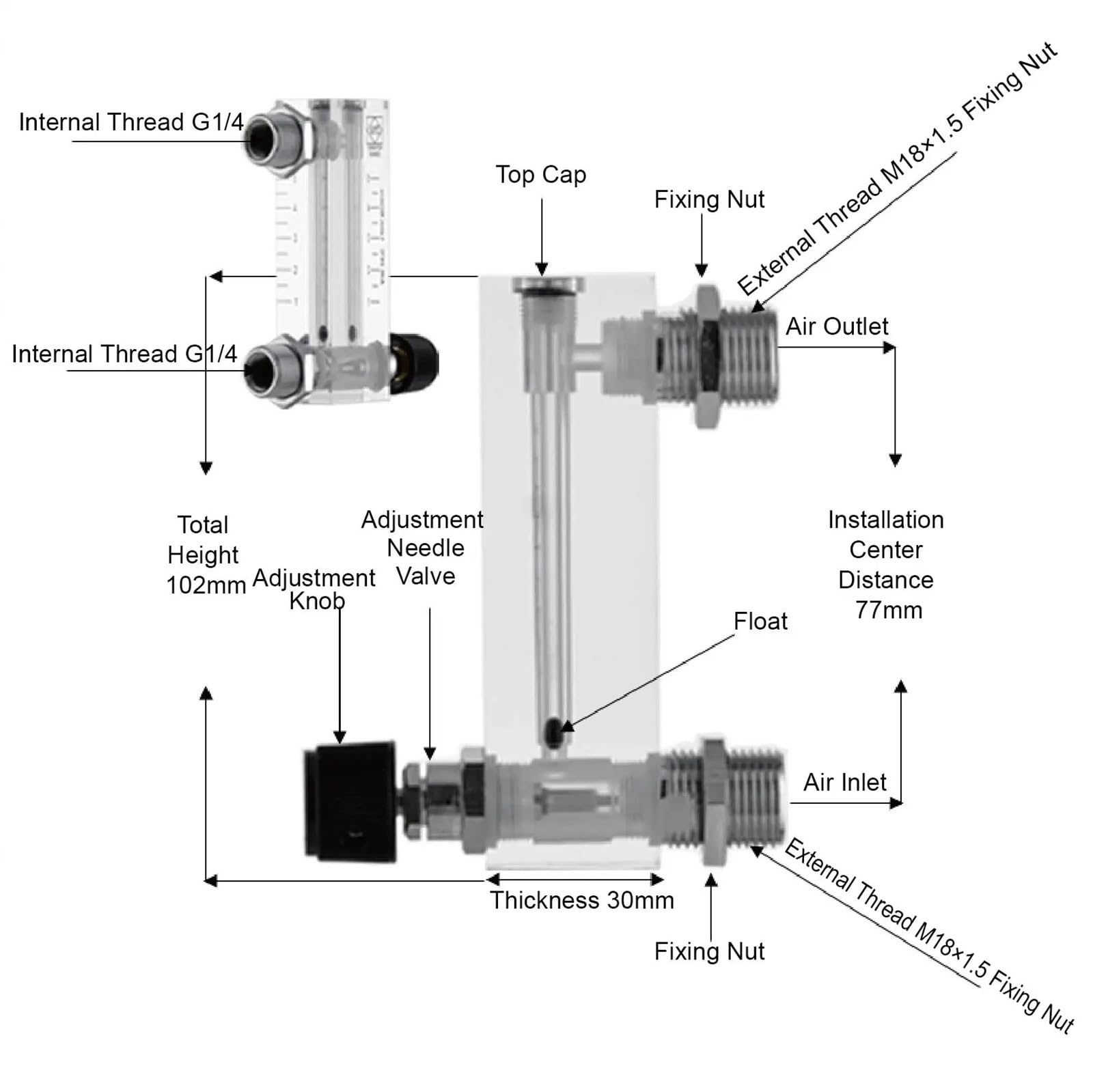 1 Uds rotámetro acrílico LZM-6T for Vloeistoffen y Gassen Paneelmontage Hoge Lage Stroom(Liquid 80-400ml-min)