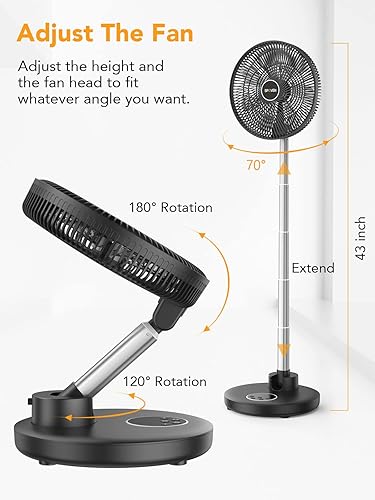 Miniatura 3 de Ventilador de pie oscilante, ventilador portátil plegable de 12 pulgadas con batería recargable de 12000 mAh, ventilador de pedestal ajustable en