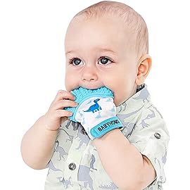 BabyNoms Teething Mitten | The Original Paw Safe Silicone Toys or Ring Provides Self-Soothing Relief Dino Blue Teether