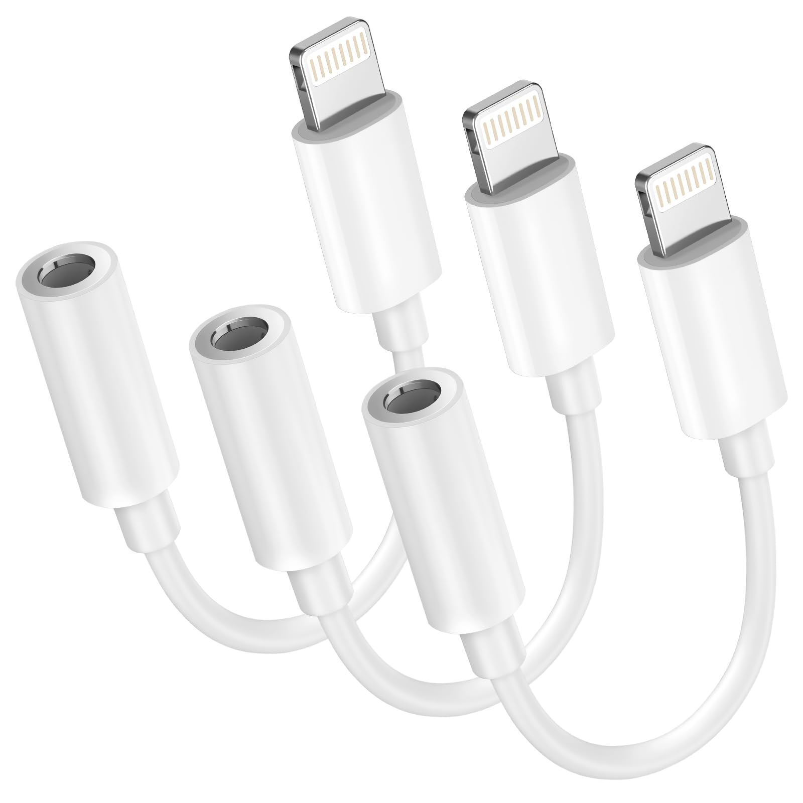 Apple MFi Certified 3-Pack Lightning to 3.5mm Headphone Jack Adapter with DAC, Headphone/Earphone Hi-Fi Audio Dongle & Car Aux Cable for iPhone 14/13/12/11/XR/X/8/7, Car, Gym, Travel, Office Use-White