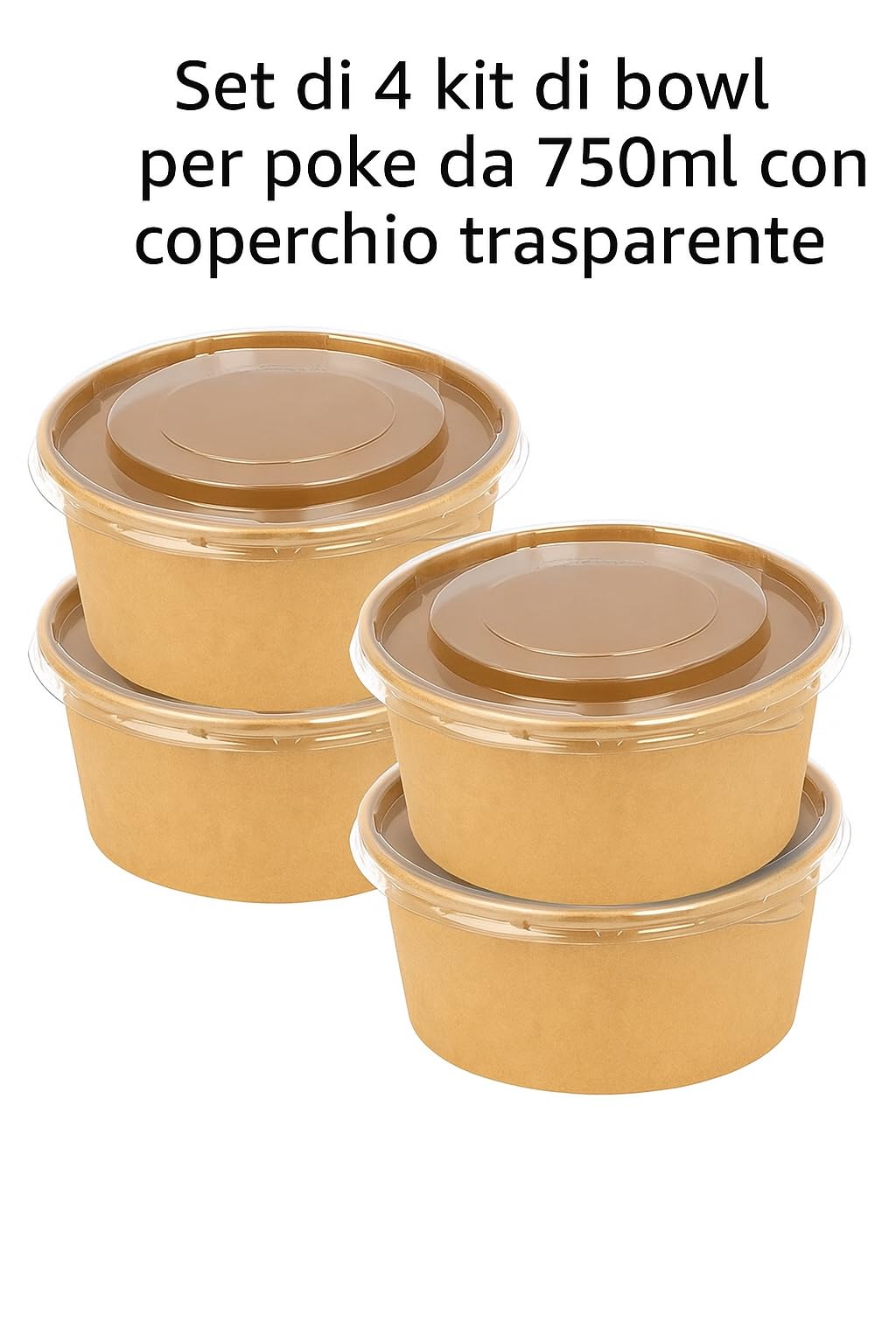 Set da 4 Insalatiere per Poké da 750 ml con Coperchio Trasparente – Ciotole in Carta Kraft Resistenti e Riciclabili