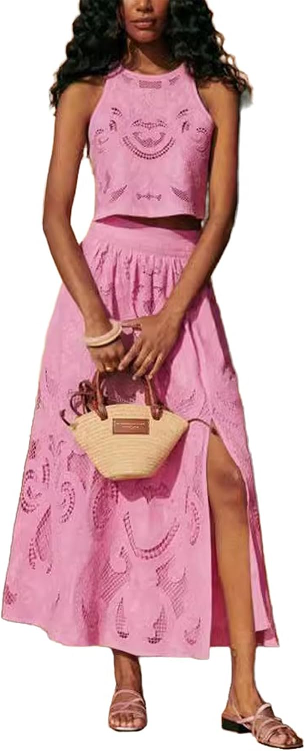 Summer Two Piece Skirt Set for Women Tank Tops and Slit Side Skirts Vacation Beach Outfits