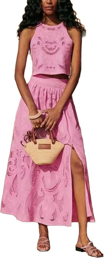 Summer Two Piece Skirt Set for Women Tank Tops and Slit Side Skirts Vacation Beach Outfits
