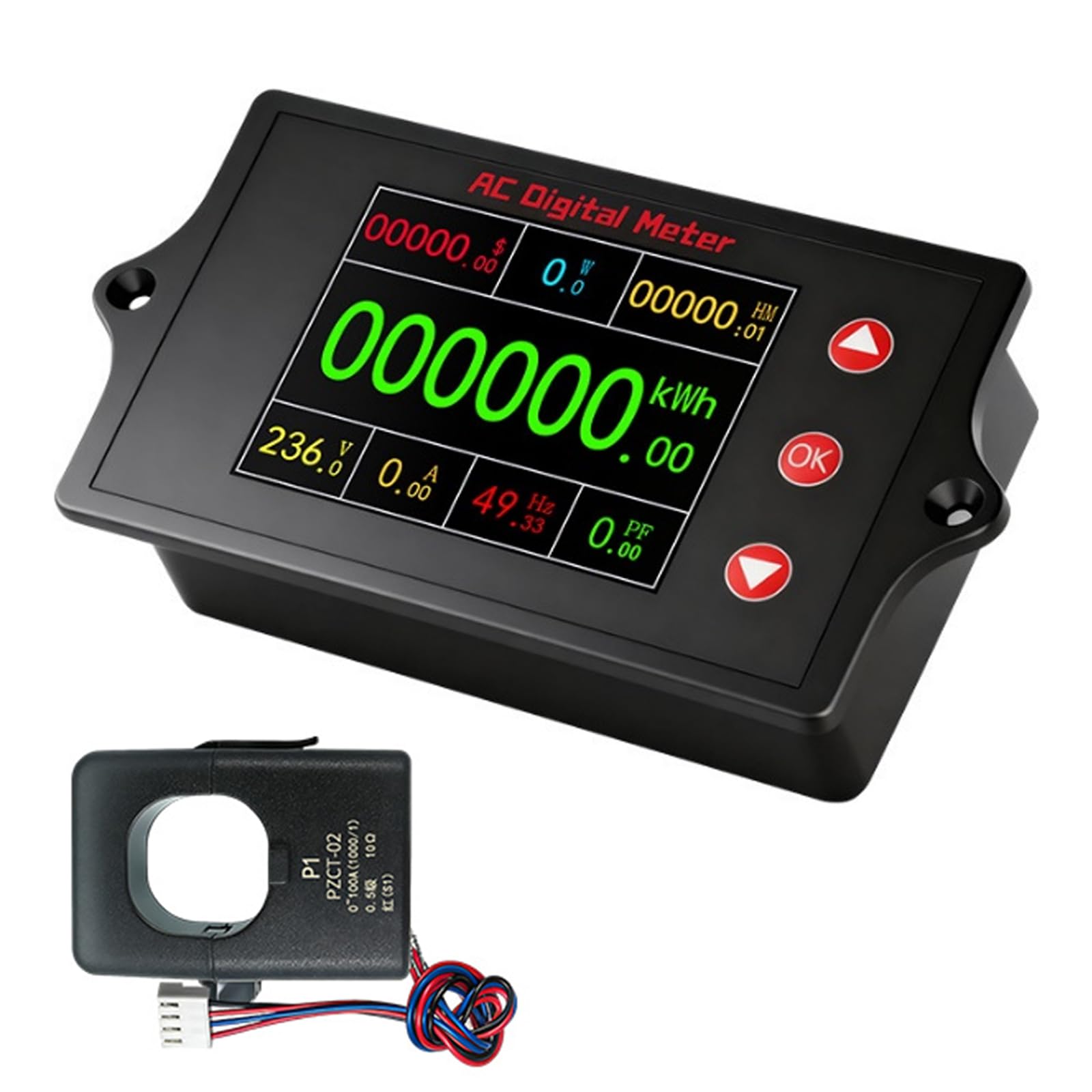 Aideepen PZEM-030 Stromzähler 8 IN 1 Digitaler Voltmeter Amperemeter | Wattmeter Energiezähler, 2-Zoll-TFT-Farbbildschirm, AC 80-260V 0-100A, Multifunktionsmultimeter mit offenem CT