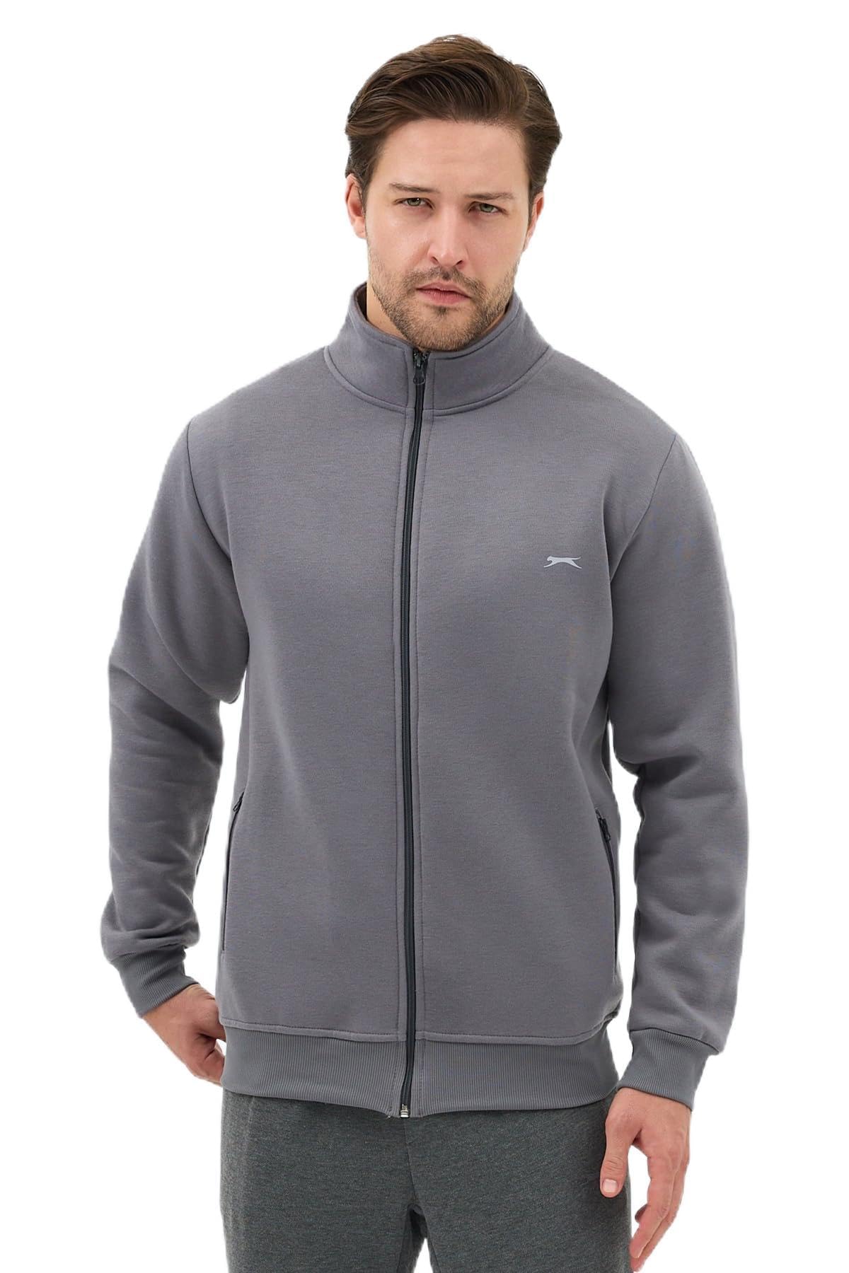 Slazenger MENDOZA I Erkek Fermuarlı Dik Yaka Cepli Gri Sweatshırt
