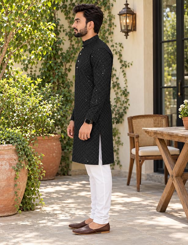 Image of Men's Lakhnawi Chikankari Kurta Set Cotton Ethnic Kurta Pajama for Men Wedding Festive Designer Indian Outfit Stylish Embroidered Kurta Set