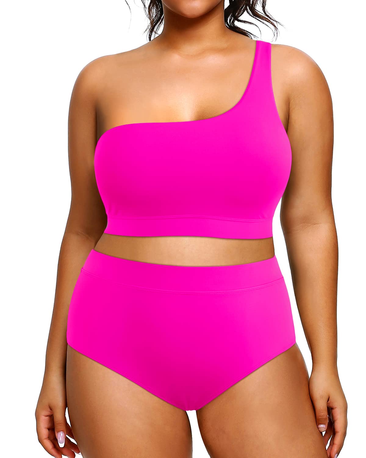 Tempt Me Women Plus Size High Waisted Bikini Two Piece One Shoulder Swimsuit Hot Pink 14 Plus