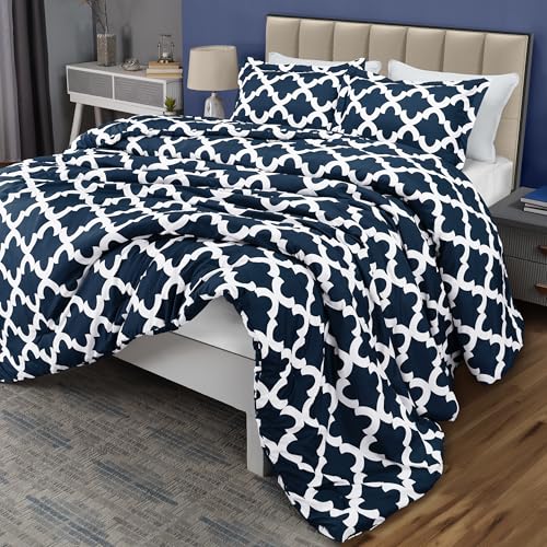 Utopia Bedding Queen Comforter Set Navy, Printed Comforters Queen Size, 3 Piece Lightweight All Season Down Alternative Bedding Set with 1 Comforter (88 x 88 in) and 2 Pillow Shams (20 x 26 in)