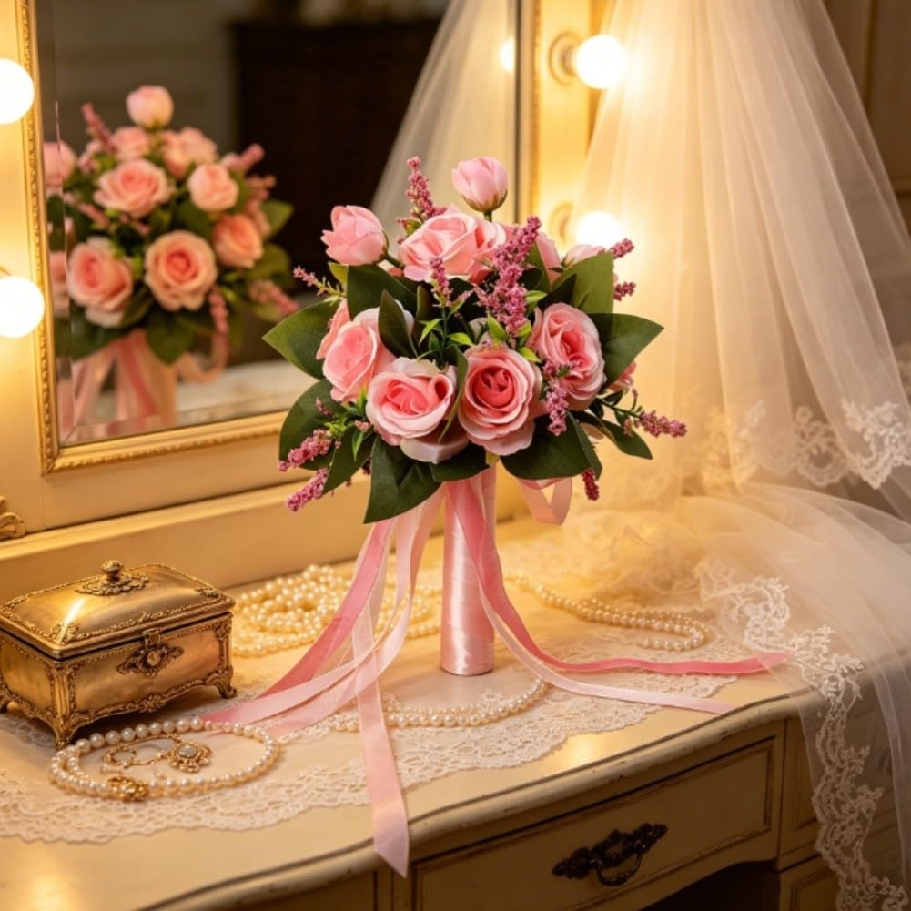 Bouquet di fiori artificiali per damigelle d'onore, rose in seta, design peonia, leggero, 22 cm, blu e viola (rosa)