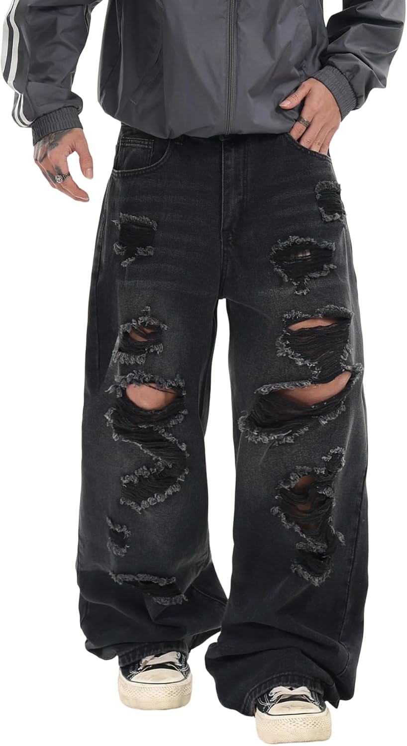 Hip Hop Baggy Jeans for Men Stylish Wide Leg Skater Jeans Loose Fit Denim Pants Streetwear