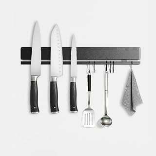 TOUKA 12 Inch Magnetic Knife Holder in Black, 304 Stainless Steel – Double Rods with 6 Hooks for Maximum Strength, No-Drill Adhesive & Screws for Easy Wall Mount