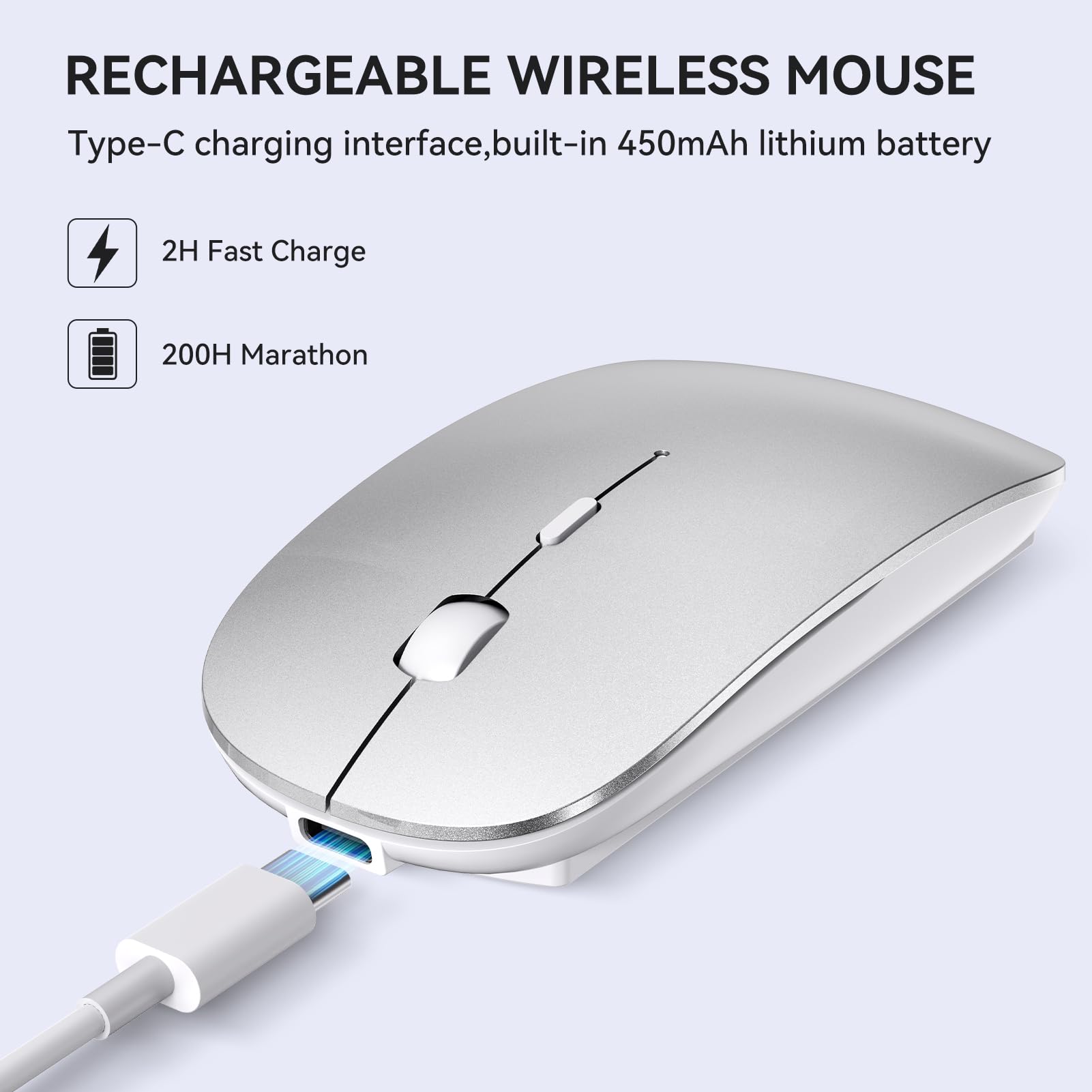 RaceGT Mouse Wireless USB C+USB A, Ricaricabile Mouse senza fili Silenzioso 2.4G ultra sottile con 2 ricevitori per PC, Laptop,IPAD, MacBook Air/Pro