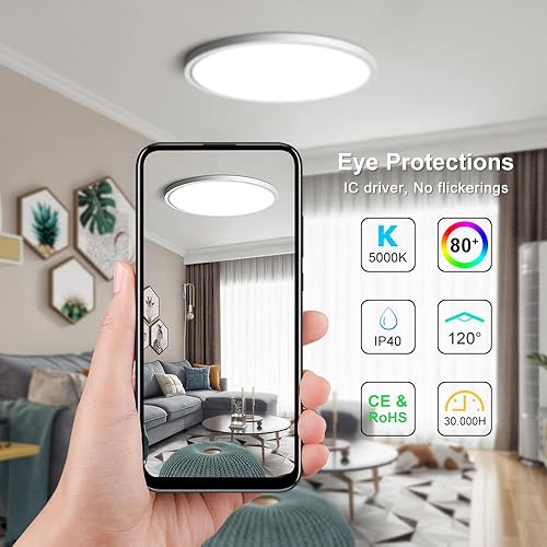 Miniatura 2 de Paquete de 2 lámparas LED de techo empotradas de 12 pulgadas, luz blanca diurna de 5000 K, 24 W 3200 LM, luces de techo planas redondas, luminosas y