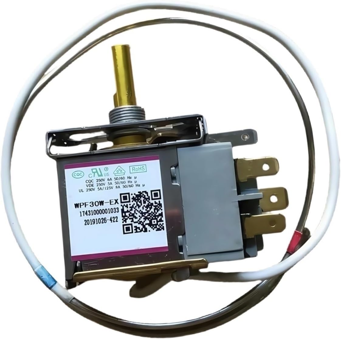 Angled view of the WPF30W-EX thermostat showing electrical terminals