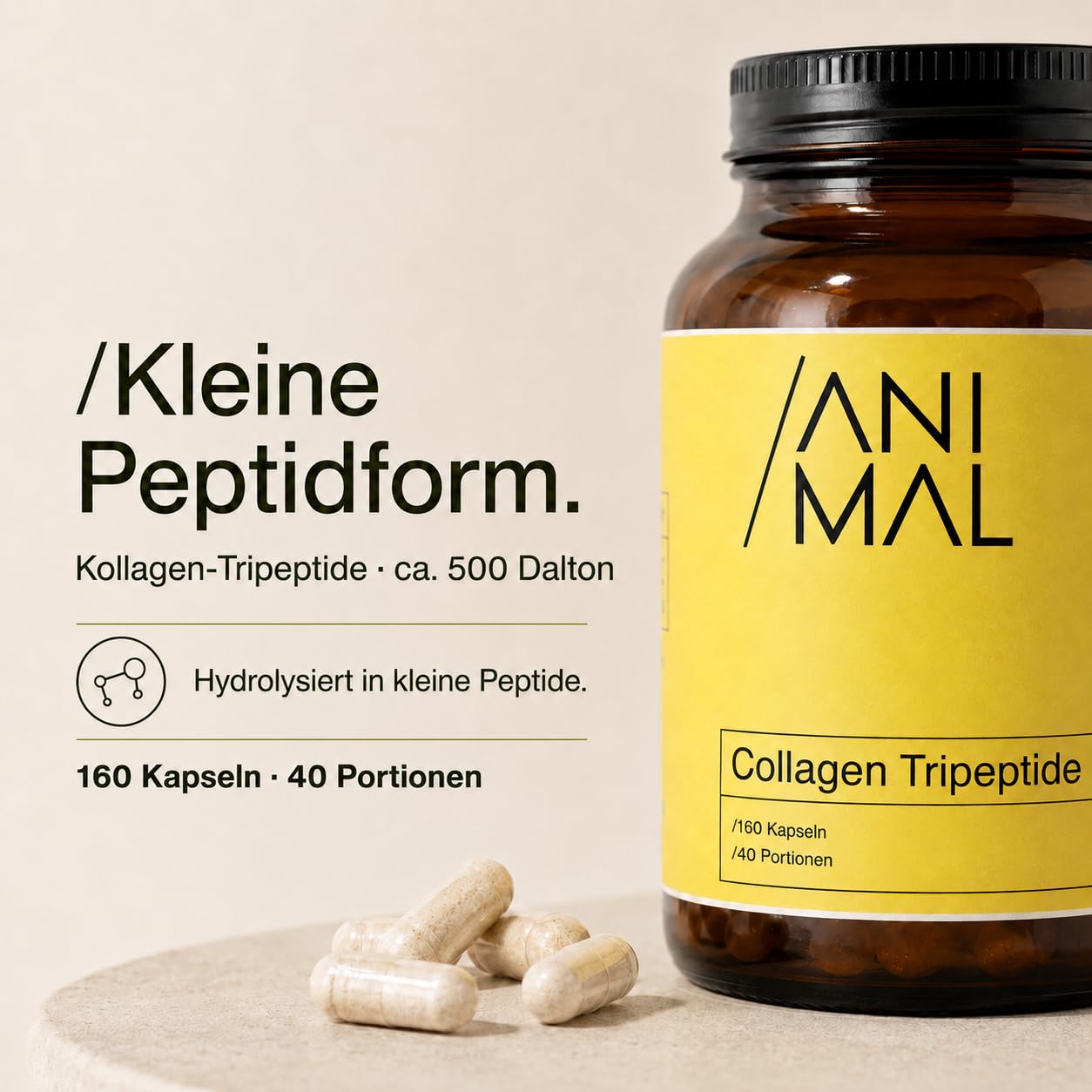 Kollagen Kapseln hochdosiert [160 Stk.] – Collagen Tripeptide nur 500 Dalton – Mit Vitamin C aus Acerola für eine normale Kollagenbildung – 2.000 mg Kollagen pro Tagesdosis – 40 Portionen