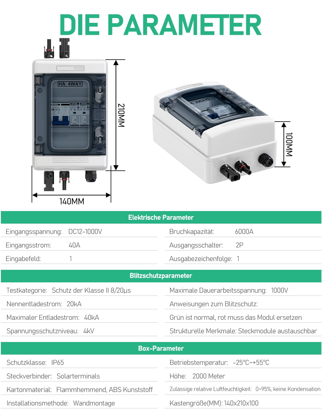 DIHOOL DC überspannungsschutz PV Anlage Solar Anschlusskasten für 2 * 600W Solarmodule Balkonkraftwerk, DC Trennschalter 40A 1000V