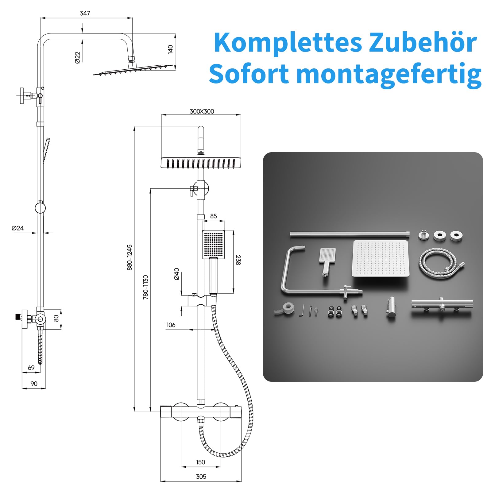Duscharmatur Komplettset, Thermostat Duschsystem mit 25cm Edelstahl Regendusche, Handbrause, höhenverstellbare Duschstange 88-125cm, Sicherheitssperre 38°C, Anti-Kalk Düsen, Anti-Leck Schlauch, Chrom