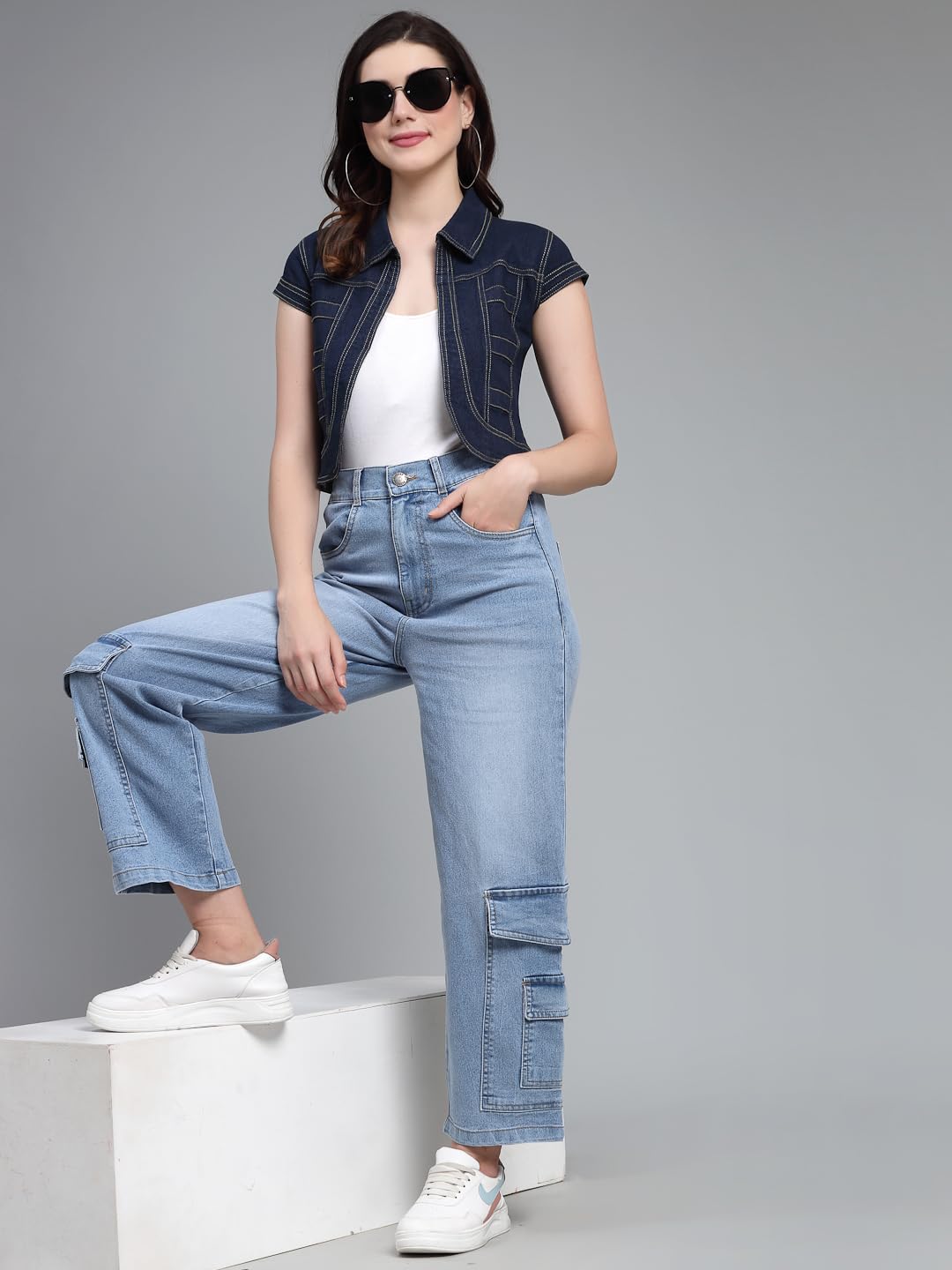 Style Quotient Women Navy Blue Denim Open Front Regular Shrug - Image 5 thumbnail