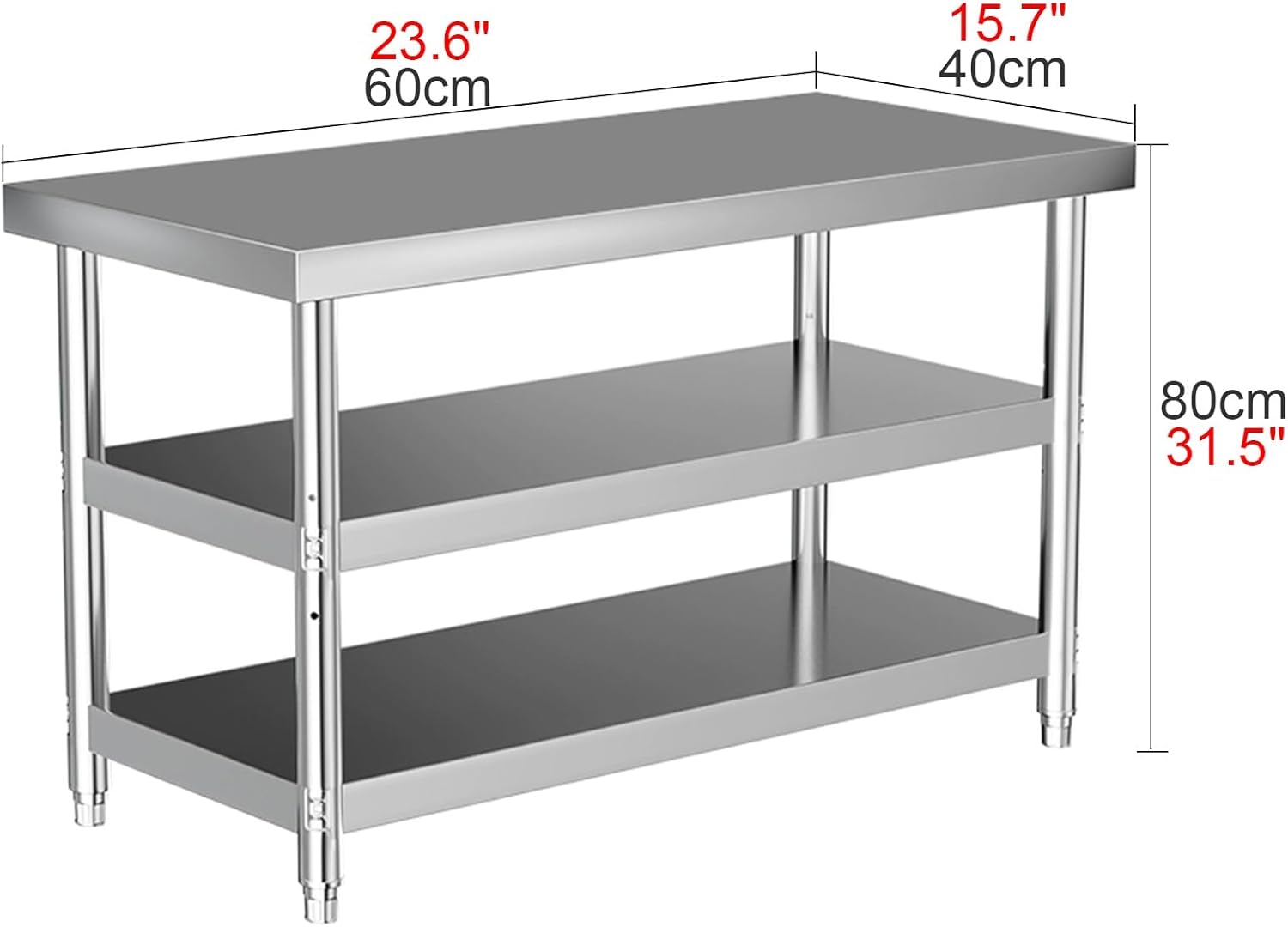 Stainless Steel Workbench Triple Prep Table Thickened Kitchen Metal Table with Adjustable Tiers Open Storage Shelves Sturdy Structure(23.6 * 15.7 * 31.5in)
