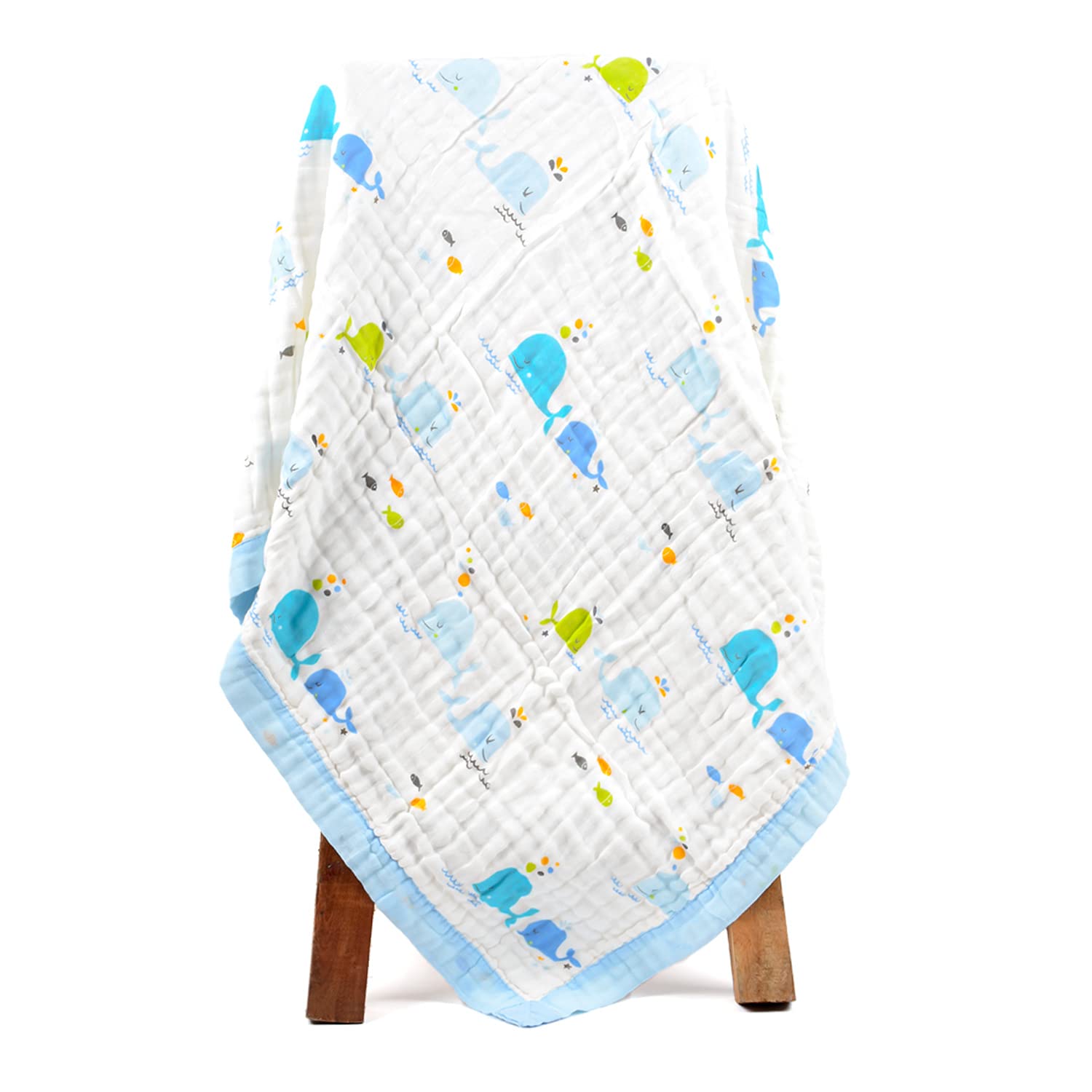 MOM'S HOME Organic Cotton Baby Muslin 6 Layer Blanket | 100 x100 cm | 0-3 Years | Pack of 1 | Blue Whale