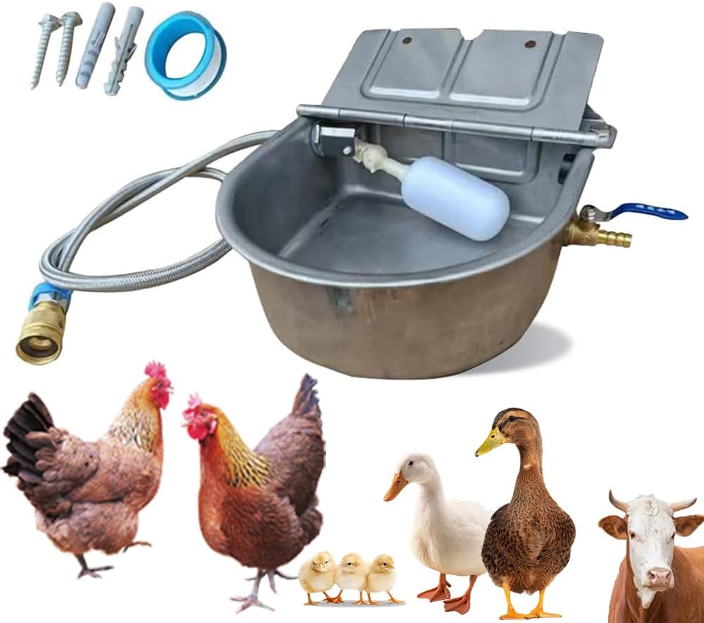 Chicken Water Feeder,304 Stainless Steel Metal Poultry Water with 2 Float Valves and Drainage Hole,Water Dispenser for Chickens,Ducks,Poultry