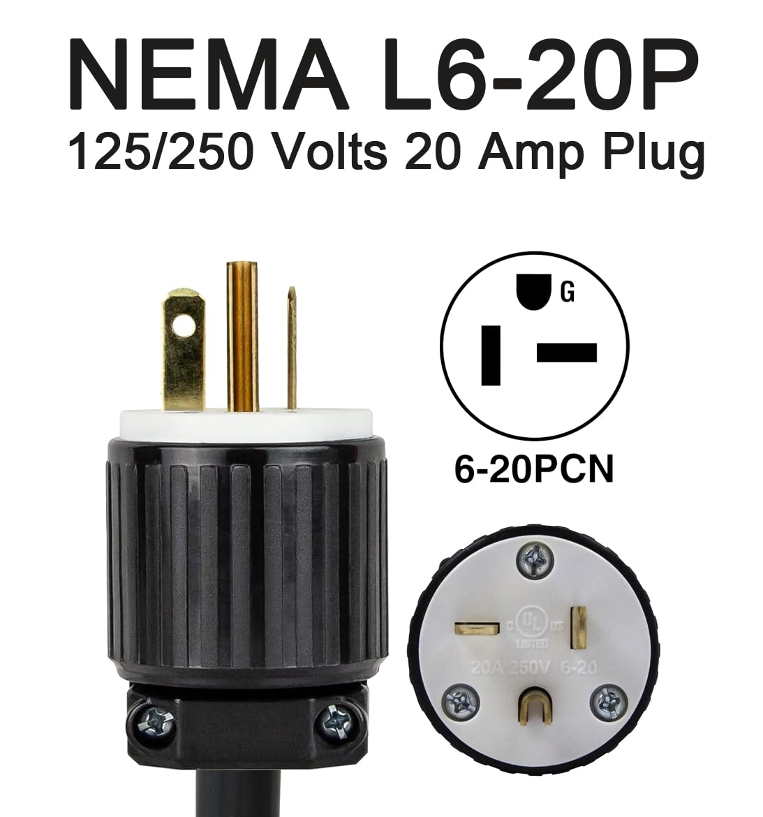 6-20P 220V-250V to 5-15R 110V-125V Black 20A Power Cord Adapter