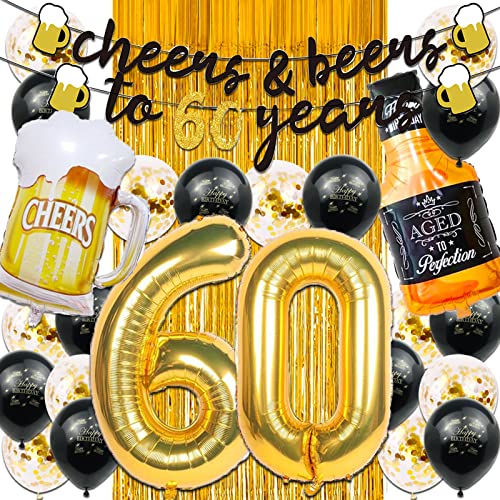 60th Birthday Decorations for Men, Happy 60th Birthday Decorations with 40 Inch Gold 60 Number Balloons, Birthday Banner, Latex Balloon, Fringe Curtains and Foil Balloons by Cefanty - Used condition - US$14.35
