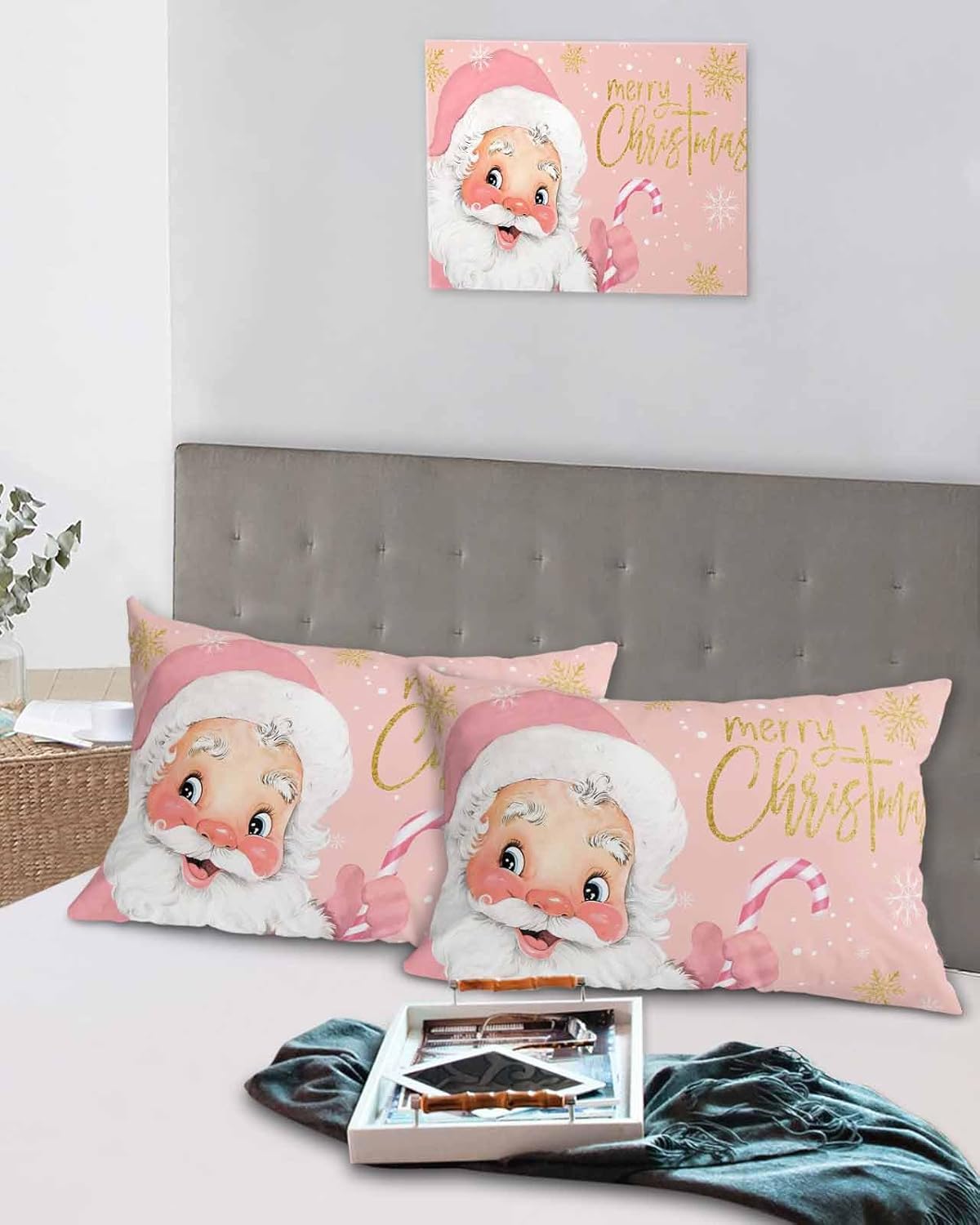 Pink Santa Christmas Queen Pillow Cases Set of 2, Winter Snowflake Microfiber Bed Throw Pillow Covers, Merry Christmas Decorative Lumbar Pillow Cover with Envelope Closure for Sofa/Travel 20"x30"