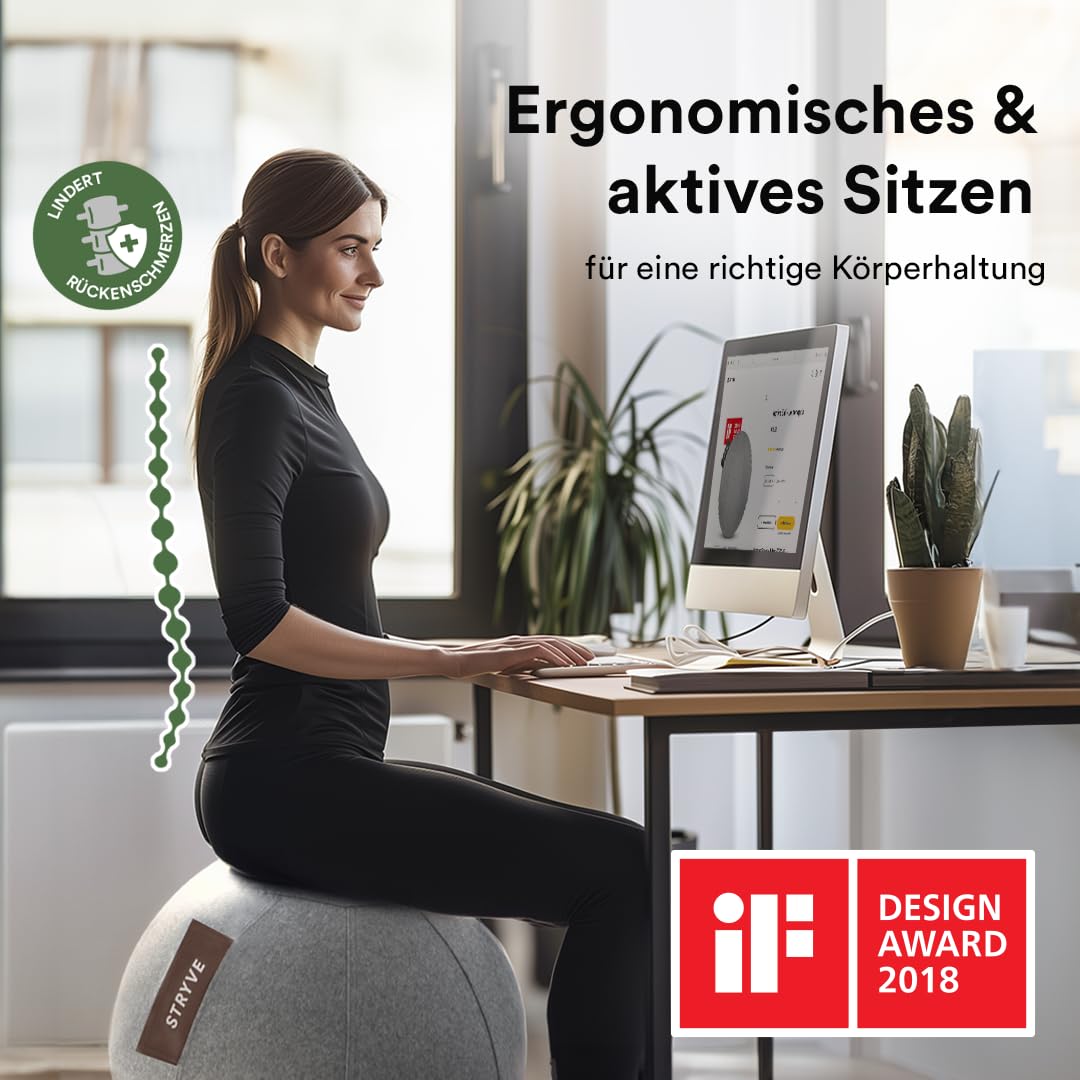 STRYVE Sitzball Büro 65,70cm - 100% Merinowolle - Ergonomischer Gymnastikball mit waschbarem Bezug und Wegrollschutz, inkl. Luftpumpe - Bis 150kg - Als Bürostuhl, Hocker (Wollfilz Light Grey, 65cm)