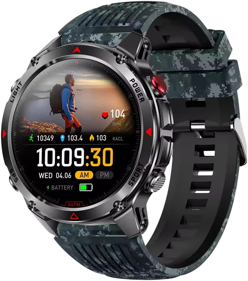 Shyenah HT-Venture (HT37) GPS Military Grade Adventure Smartwatch 1.46" IPS HD Display, 3ATM Waterproof, Compass, Altimeter, Barometer, HR, SpO2, BT Calling, Powerful 540mAh Battery (Camouflage Black)