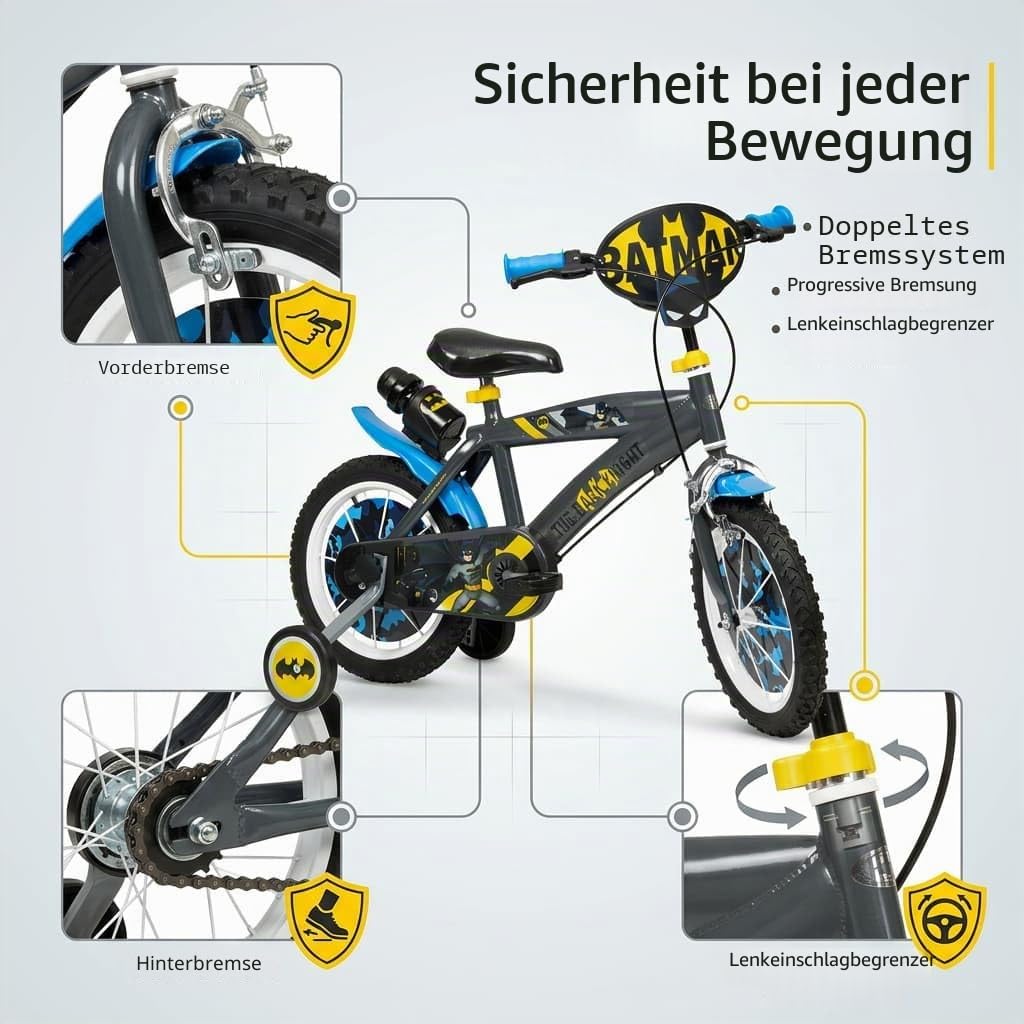 Toimsa Kinderfahrrad Batman 14 Zoll Schwarz/Blau/Gelb | Felgenbremse Trommelbremse Stützräder Speichenschutz Trinkflasche | Alter 4-6 Jahre